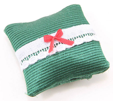 Dollhouse miniature PILLOW, GREEN WITH RED BOW